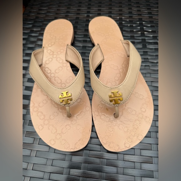 Tory Burch Shoes - Tory Burch Beige Monroe Sandals with Gold Logo